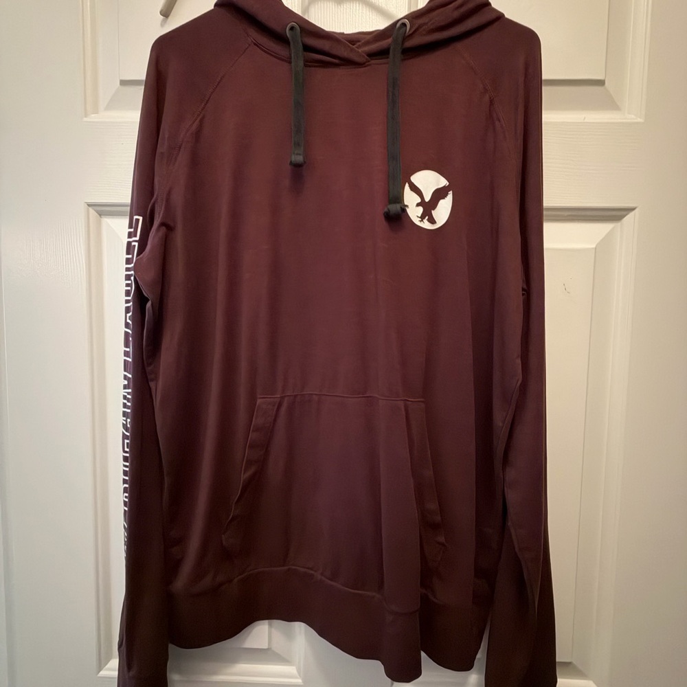 American Eagle Outfitters Men's Maroon Crewneck Hoodie with Logo